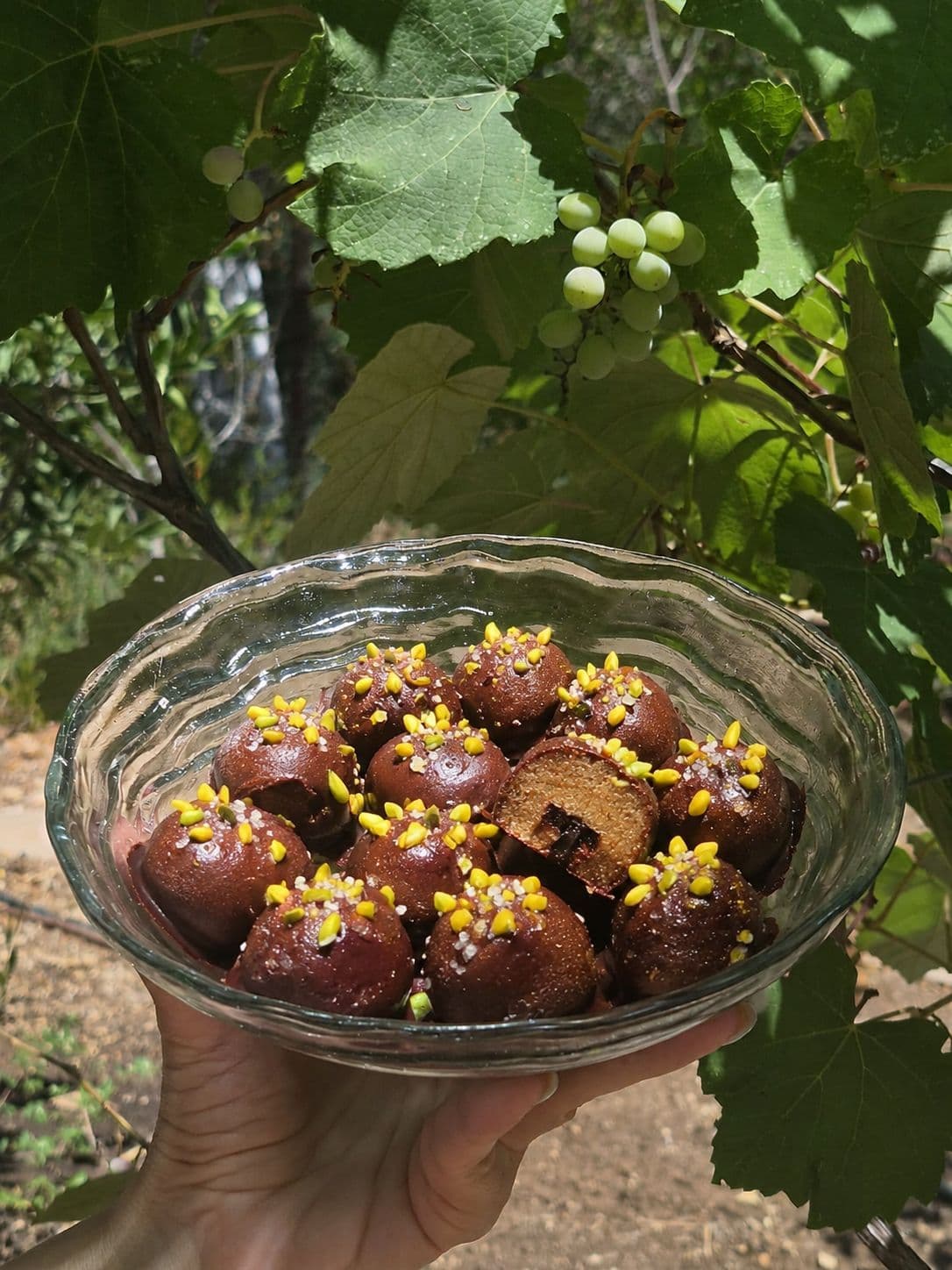 קערת זכוכית עם כדורי הפתעה מצופים שוקולד ומקלות פיסטוק, אחד מהם חתוך וחושף מילוי פירות יער